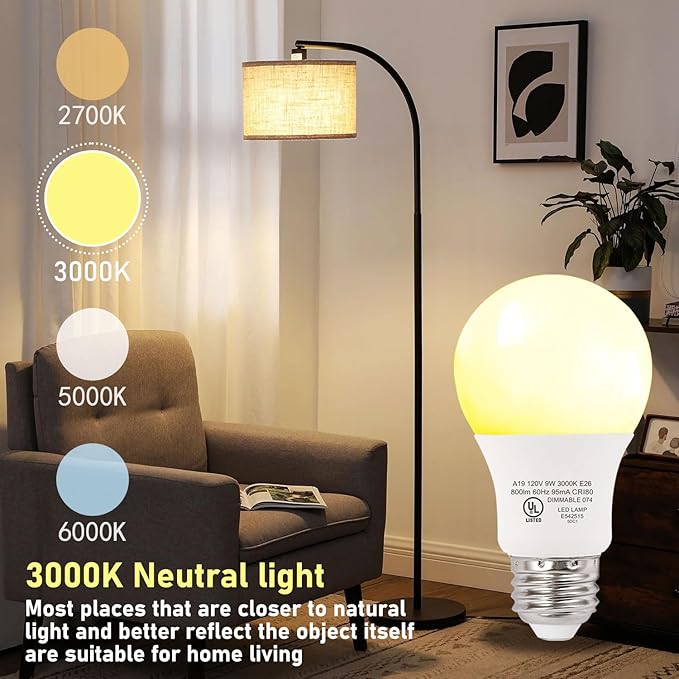 4-Pack Neutral White LED Bulbs - Suitable for Bedroom & Living Area, 60W Equivalent, 3000K, 9W, 15000-Hour Lifespan, E26 Socket