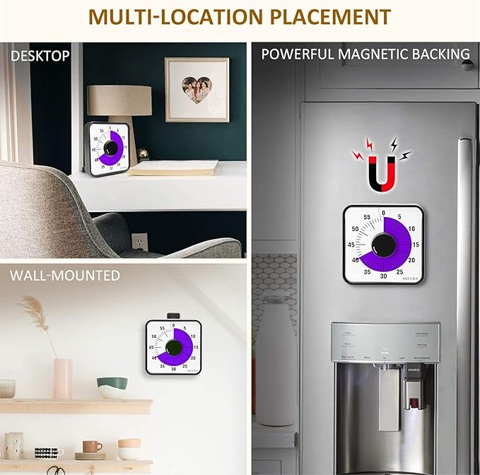 Secura 60-Minute Visual Countdown Timer, 7.5-Inch Oversize Classroom Visual Timer for Kids and Adults, Durable Mechanical Kitchen Timer Clock with Magnetic Backing (Purple)
