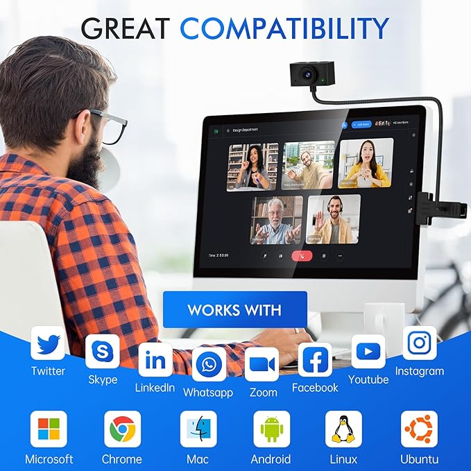 Eye Contact Webcam with Microphone for PC, 1080P Center cam for mac, 95°FOV Middle-Screen Center cam, USB computer camera Plug&Play, for desktop computer Facetime Compatible with macOS&Windows (Black)