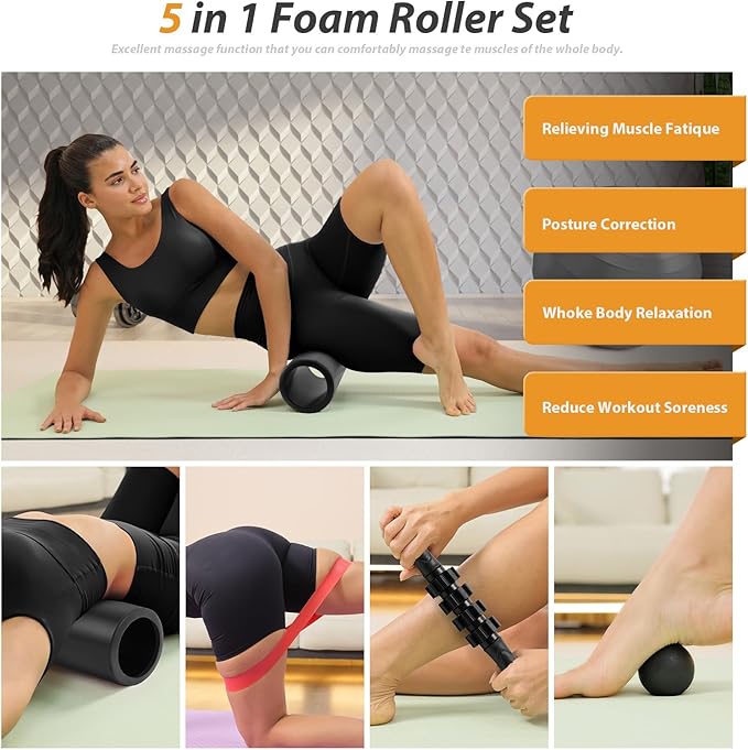 5 in 1 Foam Roller Set - Trigger Point Foam Back Roller, Muscle Roller Stick, Massage Ball, Stretching Band for Deep Muscle Massage Pilates Yoga,Fitness Exercise for Whole Body Release (Pure Black)