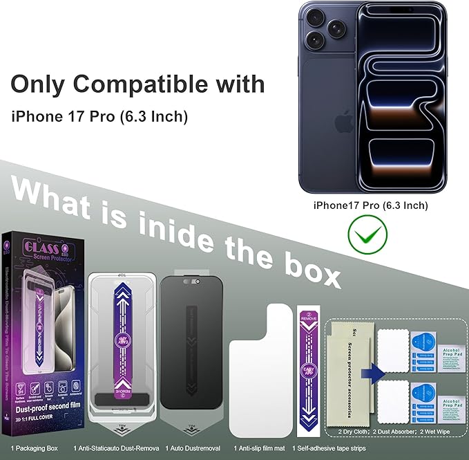 Matte Privacy Screen Protector for iPhone 17 Pro 6.3-Inch, Auto Dust Removal, 9H Anti-Spy Tempered Glass Film, Full Cover, Anti-Fingerprint, Easy Installation, 2 Pack