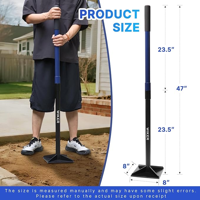 WIKER 8x8 Inch Steel Ground Tamper Tool,48" Heavy-Duty Hand Tamper for Soil Compaction,Dirt Leveling and Landscaping,Manual Dirt Compactor,Tamping Bar Ground Leveler for Yard,Garden Pavers