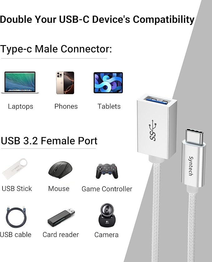 Syntech USB Type C to USB Adapter, Aluminum Alloy, Male to Female, 5 Gbps Transfer Speed, Compatible with iPhone, MacBook, iPad, Pixelbook, Dell, Surface, Lenovo, Samsung Galaxy
