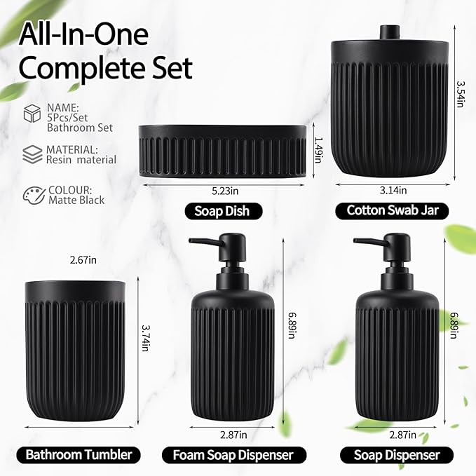Black Resin Bathroom Accessories Set 5 Pcs, Bathroom Accessory Set Includes Foaming Soap Dispenser, Lotion Soap Dispenser, Toothbrush Holder, Qtip Holder, Soap Dish, for Modern Home Apartment