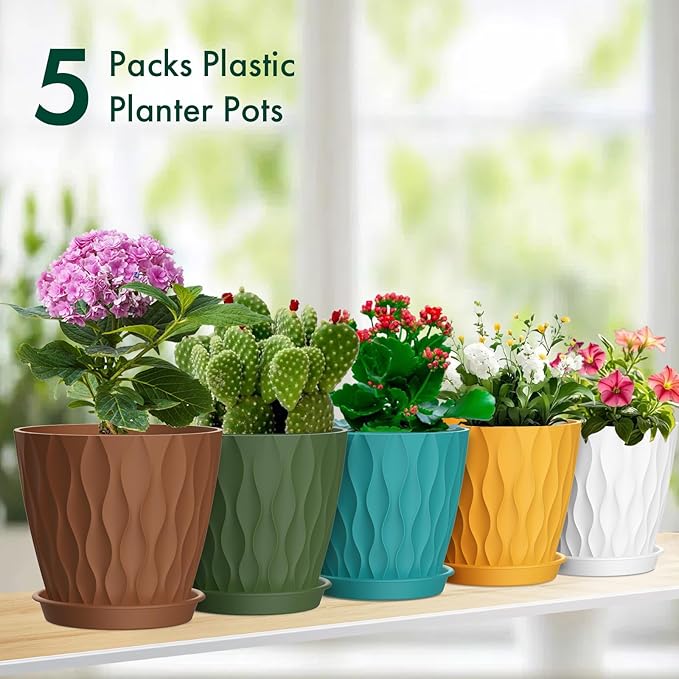 6 inch Plant Pots, 5 Pack Water Ripple Flower Pots for Indoor Outdoor Plants, Plastic Planters with Drainage Holes and Saucers, Nursery Pots for Small Succulent Garden House Plants, Multicolor