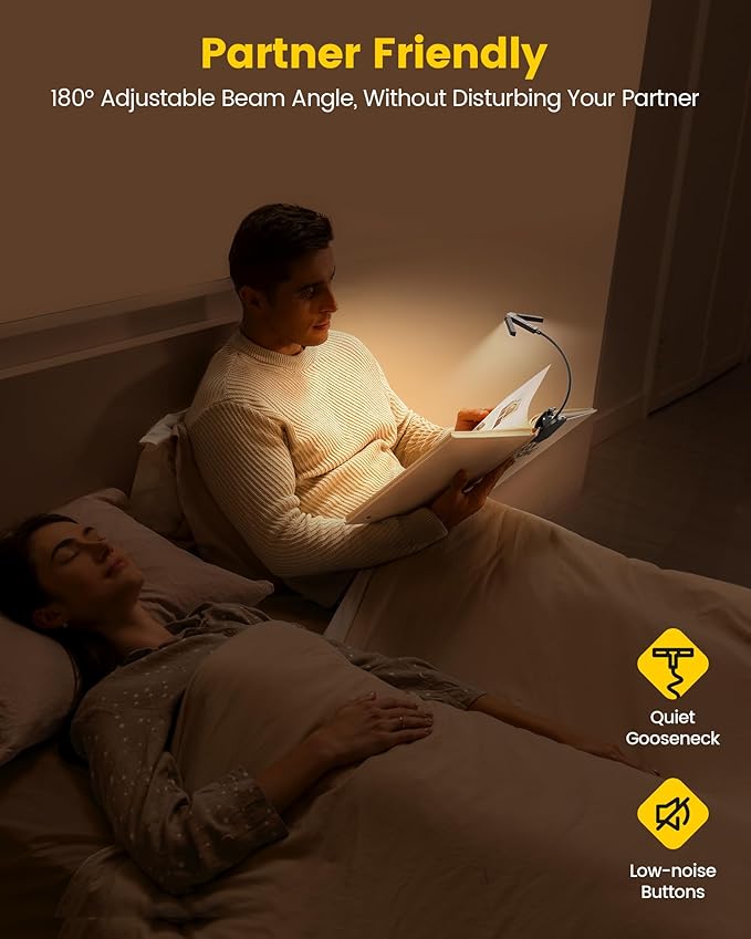 Glocusent Innovative Tri-Head Book Light for Reading in Bed, 3 Colors & 5 Brightness Levels, 1000mAh Rechargeable Reading Light with 30-Min Timer, 10-100Hrs, Partner Friendly, Perfect for Book Lovers