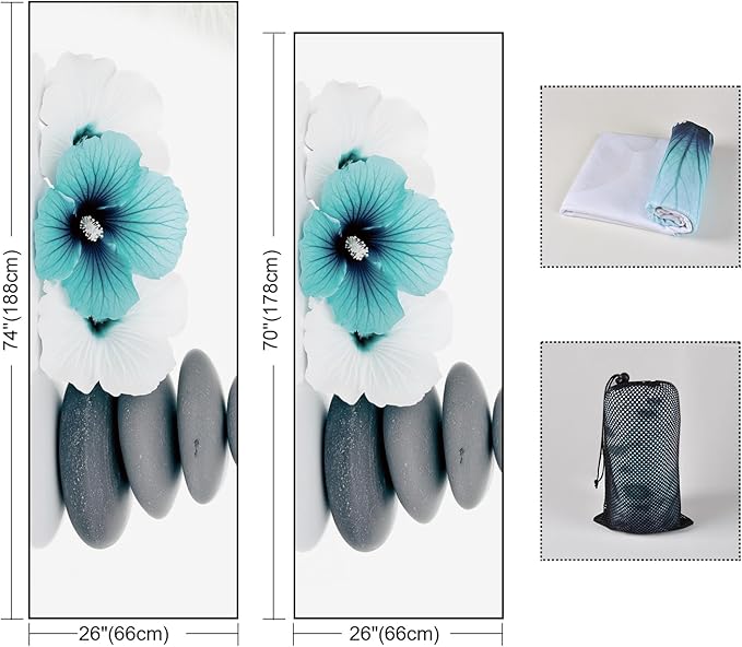 QiyI Large Yoga Mat Towel with Corner Pockets, Non Slip Sweat Absorbent Hot Yoga Towels, Soft Yoga Blankets Skidless Mat Cover for Workout, Gym, Fitness - 74"x26", Pebbles & Blue White Flowers