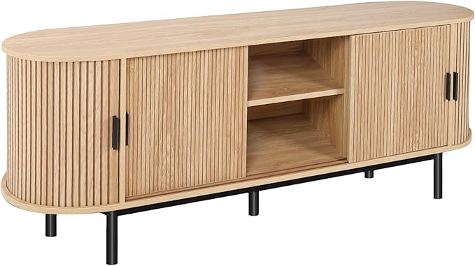 63" Fluted TV Stand for 65/70 Inch TV, Mid Century Modern TV Console with Sliding Doors, Curved Gaming Entertainment Center, Media Console for Living Room, Bedroom (Natural, 63inch-4doors)