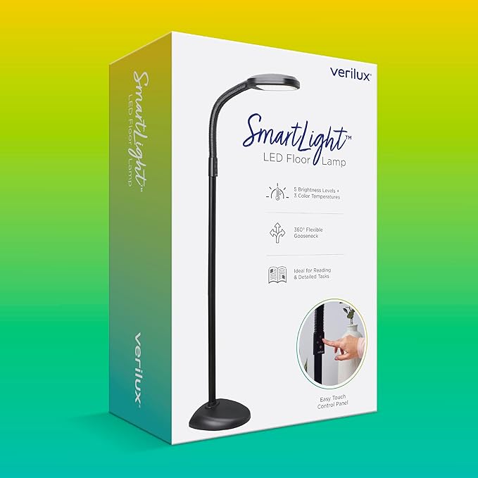 Verilux SmartLight Full Spectrum LED Modern Floor Lamp with Adjustable Brightness, Flexible Gooseneck and Easy Controls - Reduces Eye Strain and Fatigue - Ideal for Reading, Artists, Craft (Black)