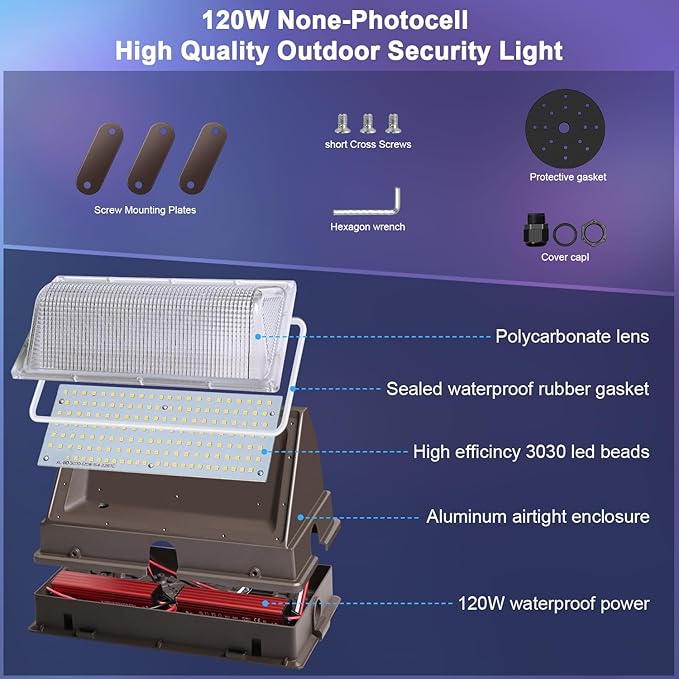 ledmo 120W LED Wall Pack Light Outdoor 6 Pack Exterior Commercial Lighting Fixture Waterproof Wall Mount for Parking Barn Warehouse Shop