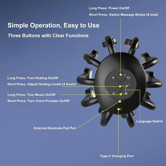 Electric Head Scalp Massager – 360° Multi-Point Massage Tool with 10 Large Silicone Massage Points & 4 Top Massage Points, 6 Modes, Adjustable Heating Function for Relaxation and Hair Care