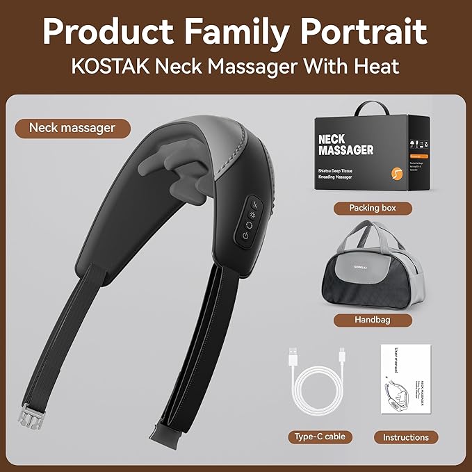 Shiatsu Neck and Shoulder Massager With Heat for Pain Relief, Deep Tissue Back Massager, Portable for Neck and Back, Gifts for Men and Women (Black With Leather Handbag)