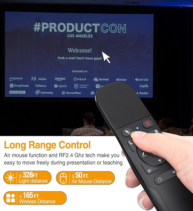 Presentation Remote with Air Mouse Function, Wireless Presenter Clicker RF 2.4GHz USB Laser Pointer Presenter Control PowerPoint Presentation Clicker for Mac, Laptop, Computer