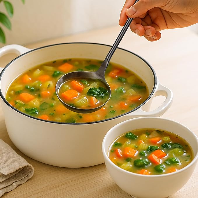 FJNATINH Soup Ladle, Food Grade 304 Stainless Steel Ladle, Large Metal Ladel Kitchen Cooking Soup Spoon Tools with Heat Resistant Wooden Handle, Integral Forming 13.8 Inches