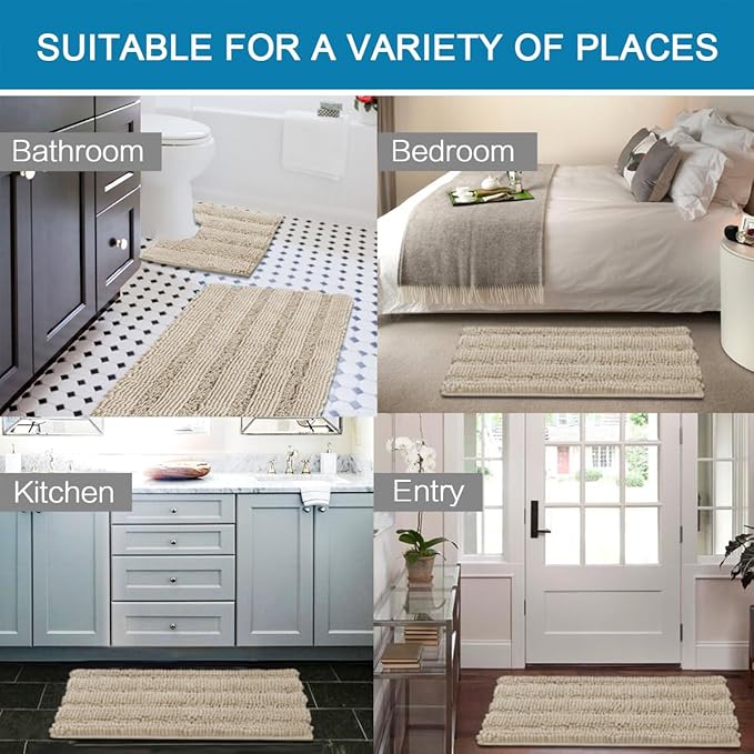 H.VERSAILTEX Bathroom Rug Sets 2 Piece Bath Mats Non Slip Thick Soft Chenille Striped Bath Rug achine Washable Shower Floor Rugs for Tub, Shower and Floor (Fog, 47"x17" Plus 20"x20" U)