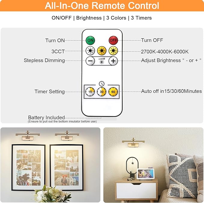 Rechargeable Picture Light with Remote Control,12 Inch Brass Finish Adjustable Wireless Art Lighting Fixture,Painting Lights with Timer,3 Color Temperature and Dimmable