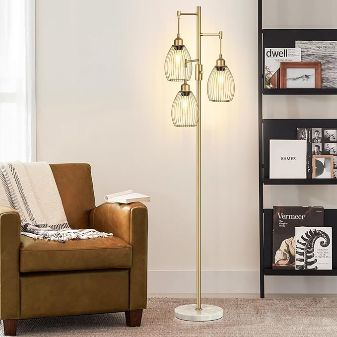 Dimmable Floor Lamps for Living Room, Industrial Standing Lamp with Marble Base, Gold Tree Tall Pole Light with 3 Elegant Teardrop Cage Head & 800 Lumens LED Bulbs for Bedroom Office
