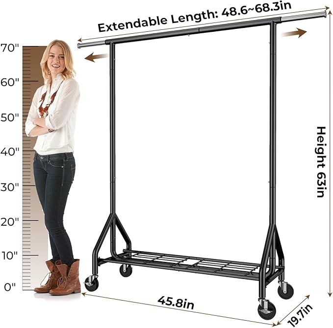 Heavy Duty Clothes Rack Load 450 LBS, Metal Garment Rack, Standing Rolling Clothing Rack for Hanging Clothes with Sturdy Wheels & Shelves, Portable Closet Wardrobe Rack,Black