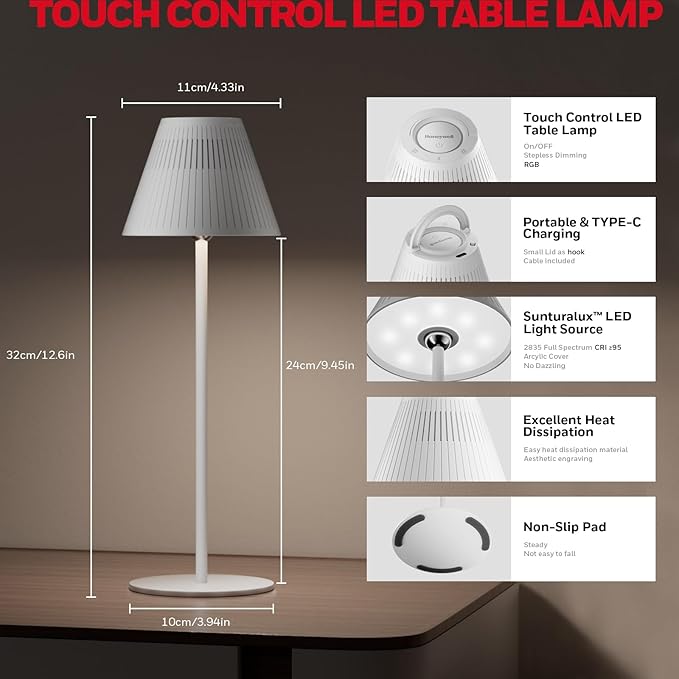 Honeywell Cordless Table Lamps Rechargeable, 2 Packs M1 Sunturalux Portable LED Desk Lamp 5200mAh 4Color 9RGB Dimmable Bedside Lamps for Restaurant/Bedroom/Bars/Party/Camping Night Light