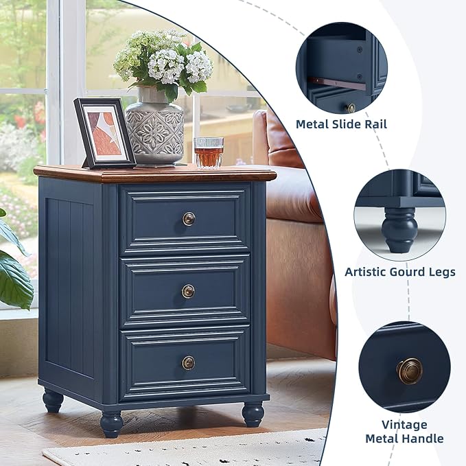 18" Farmhouse Nightstand Set 2 with Charging Station and USB Port, Blue Night Stand with 3 Drawers, Wood Bedside End Table with Storage, Bed Side Tables for Bedroom Living Room and Closet