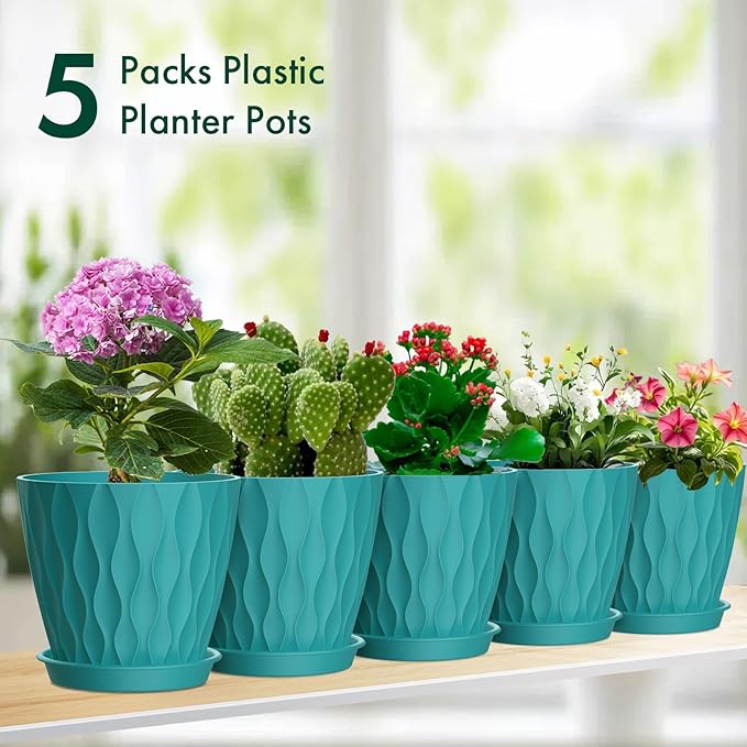 6 inch Flower Pots, 5 Pack Plant Pots for Indoor Plants, Water Ripples Plastic Planters with Drainage Holes and Saucers, Nursery Pots for Small Succulent Garden House Plants, Blue Green