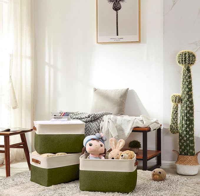 DECOMOMO Fabric Storage Bins - Storage Baskets for Shelves, Linen Closet Organization (Olive Green & White, Large - 3 Pack)