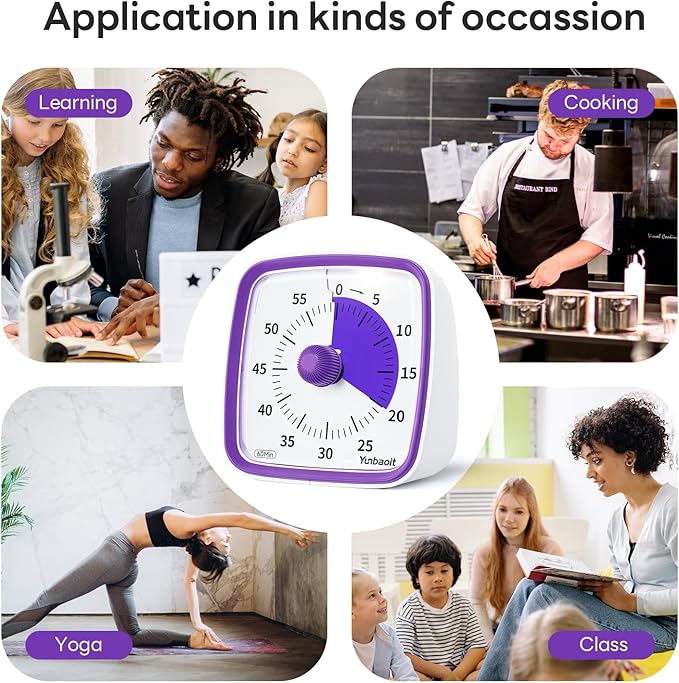 Yunbaoit Visual Timer with Night Light, 60-Minute Countdown Timer for Kids and Adults, Silent Classroom Timer, Time Management Tool for Home, School, or Work (Purple)