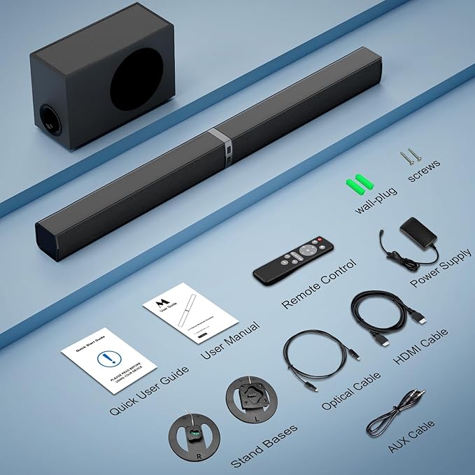 MZEIBO Sound bar with Subwoofer, 120W Bluetooth 5.0 TV Soundbar Home Theater System with Wired Subwoofer, Deep Bass Audio System with BT/ARC/Optical/AUX Connection for TV PC