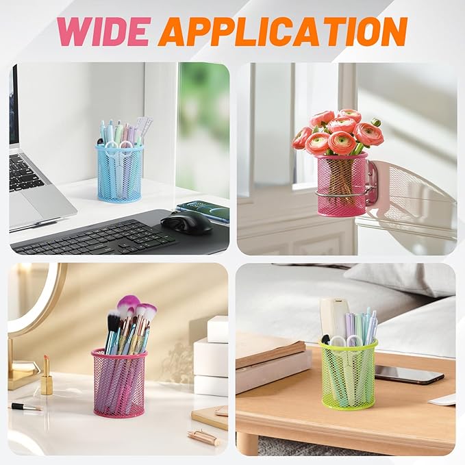 Segarty Pen Cup, 3 Pack Assorted Colors Round Pen Holder for Desk, Wire Mesh Pencil Cups Holder Desktop Accessories Organizer for Office Supplies, School, Home, Makeup Brush (Light Blue Pink Green)