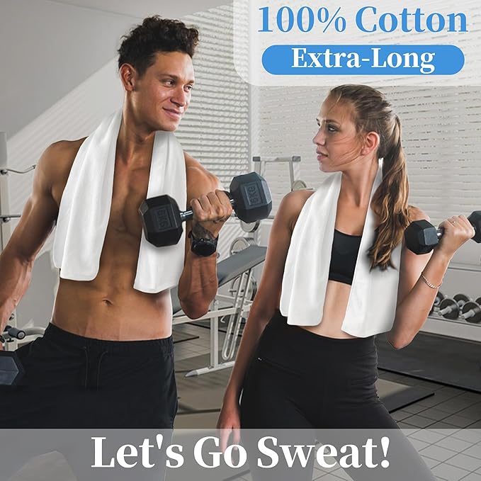 White Workout Towels for Gym (2PC, 16"x43") - 100% Cotton, Breathable, Soft & Absorb - Sweat Towel for Men & Women, Sports Hand Towel for Yoga, Shower, Tennis, Running, Exercise & Fitness
