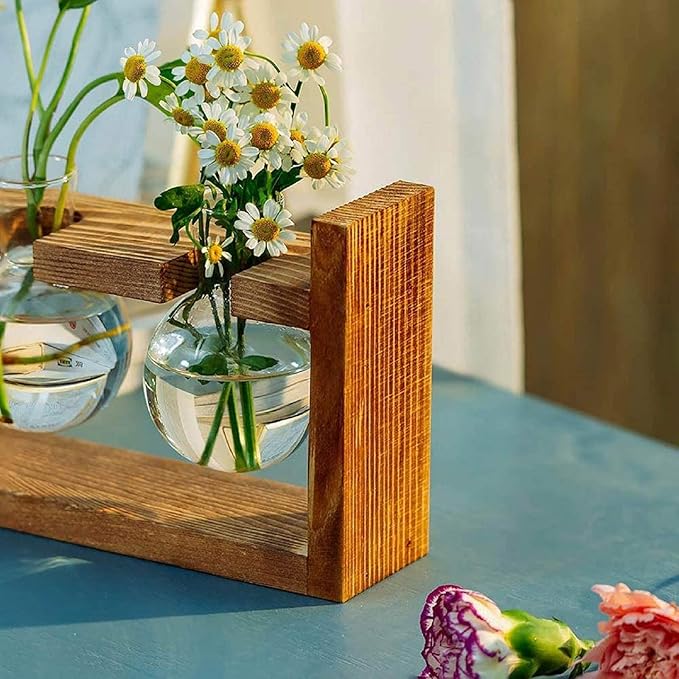 Kingbuy Glass Plant Terrarium - 1 Bulb Propagation Station with Retro Wood Stand Indoor Garden Planter, Bulb Vase & Desktop Decor for Home Kitchen Wedding, Gift for Women & Plant Lover