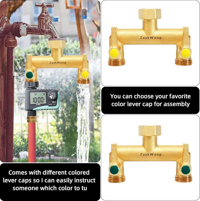 Heavy Duty Brass 2-Way Garden Hose Splitter, 3/4" GHT Threads, Metal Shutoff Valve, Long Handle(2 pack)