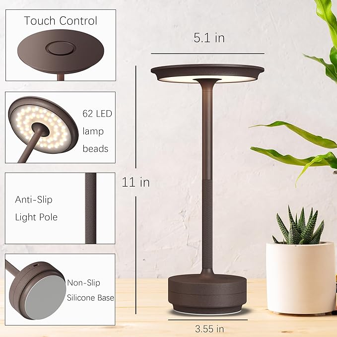 2 Pack Rechargeable Cordless Table Lamps, 5000mAh Portable LED Table Light, 3 Color Stepless Dimming Battery Powered Metal Table Lamp for Outdoor/Home/Restaurant.(Rust)
