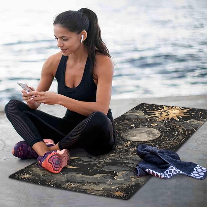 Astrological Pattern Yoga Mat, 71 x 26 Inch Non-slip Yoga Mats Folding Travel Exercise Mat Indoor Outdoor Gym Pilates with Storage Bag for Women Men