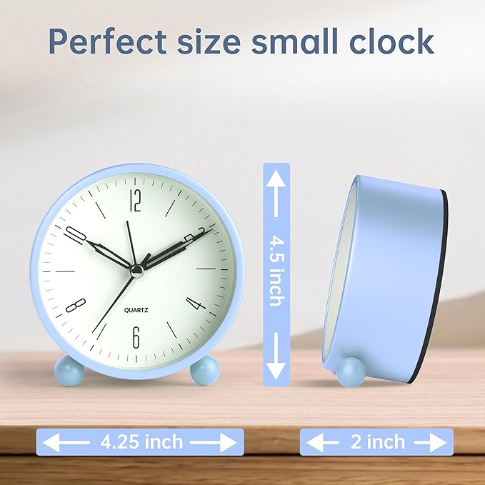 Analog Alarm Clock, 4 inch Super Silent Non Ticking Small Clock with Night Light, Battery Operated, Simple Design, Old fashioned Style SkyBlue decor, for Bedroom, Bedside, Desk, Adult, Kid, Gift, Blue