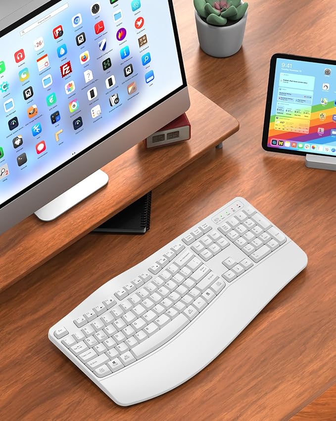 Ergonomic Wireless Keyboard with Wrist Rest, Wave Keys, Comfortable Natural Typing, 2.4GHz Full Size Ergo Wireless Computer Keyboard for Multi-OS, Windows, Mac OS Laptop/PC/Notebook (White)