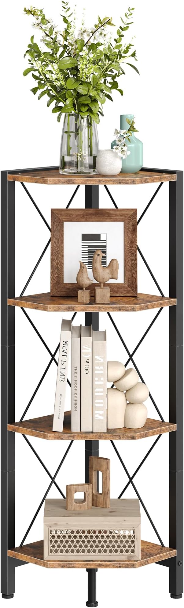 4-Tier Corner Shelf, Corner Bookcase, 43.3" Tall Vertical Display Rack, Plant Stand, Open Storage Shelf, for Living Room, Bedroom, Study, Kitchen, Rustic Brown and Black TCJ14BF