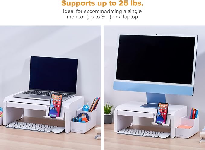 Bostitch Konnect Adjustable Monitor Riser with Drawer, Cell Phone Stand & Pencil Holder, Laptop Stand for Desk, 4 Height Levels, Cable Management & Rubber Feet