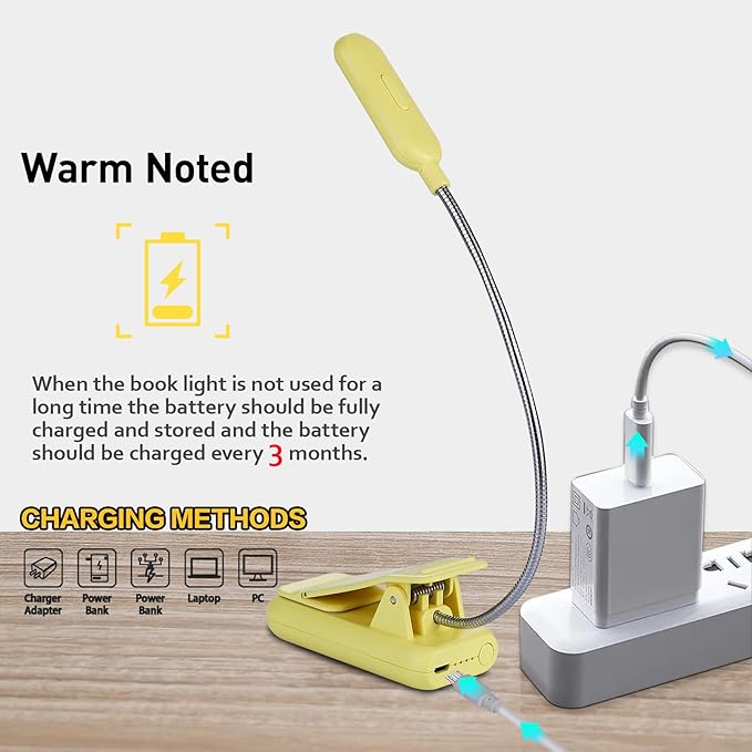 VAVOFO Rechargeable Book Light for Reading in Bed Kids, 7 LED Reading Light with 9-Level Warm Cool White Daylight, Eye Care Lamp with Power Indicator for Bookworms (Yellow)