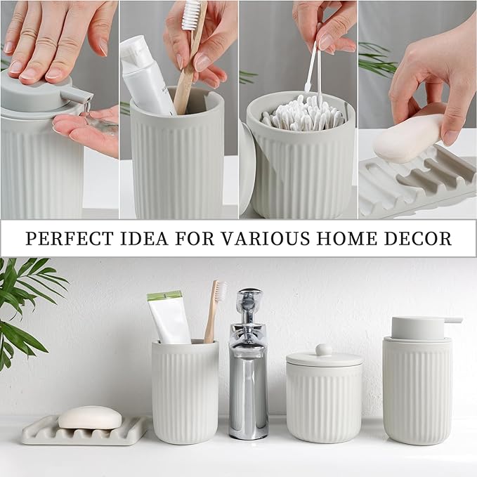 BosilunLife Ceramic Bathroom Accessories Set - Bathroom Counter Soap Set Light Grey Bathroom Decor Sets Accessories Bathroom Lotion Soap Dispenser and Toothbrush Holder Set, Soap Dish, Apothecary Jars
