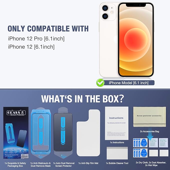 2-Pack Screen Protector for iPhone 12 Pro/iPhone 12, 9H Tempered Glass, High Definition Clear, Full Coverage, Anti-Fingerprint, Auto Dust-Elimination, No Bubble, Easy Installation