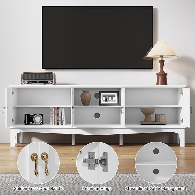 ARTPOWER 67“ Mid-Century Modern TV Stand for TVs up to 70”,Entertainment Center with Door Cabinets and Open Shelves,TV Console with Storage,White Media Cabinet for Living Room,Bedroom