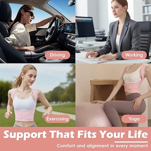 Posture Corrector for Women & Men, Full Back Brace Support with Adjustable Shoulder Straightener, Lower & Upper Back Pain Relief - Scoliosis, Hunchback, Spine Corrector (Pink, Large)