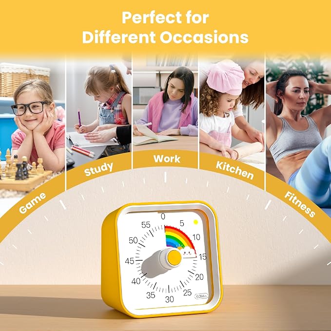 Visual Timer with Pause Function, 60 Minute Countdown, Pomodoro Timer for Kids, Productivity Timer, Time Management for Kitchen Cooking, Study, Teaching, Office Meetings (Rainbow Yellow)