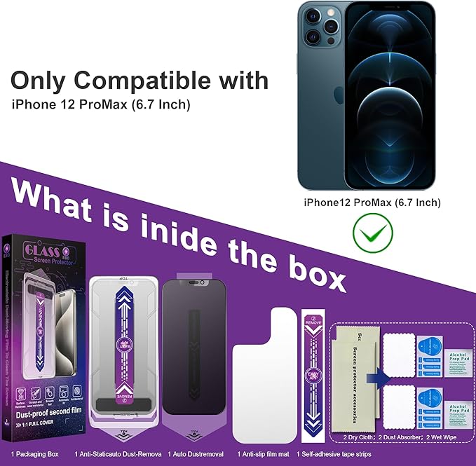 2 Pack Matte Privacy Screen Protector for iPhone 12 Pro Max, 9H Tempered Glass, Full Coverage, Anti-Fingerprint, Auto Dust-Elimination, No Bubble, Easy Installation