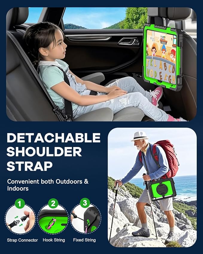 Cantis Case for iPad 11-inch (A16) 2025/ iPad 10th Generation 2022 (10.9 inch) with Screen Protector, iPad 11th Case with 360 Degree Rotating Stand/Shoulder Strap/Pencil Holder, Black+Green