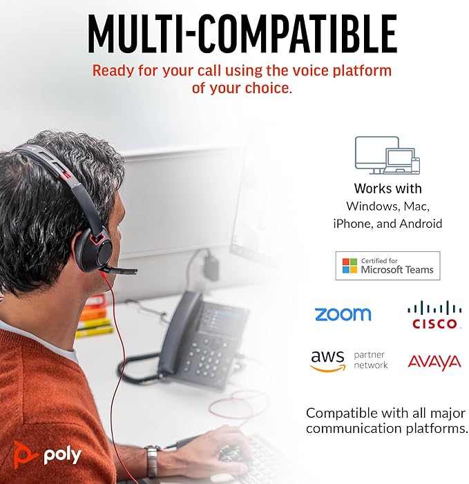 Poly Blackwire 5220 Wired Headset - Flexible Boom Mic - Noise Cancelling Headphones with Mic - USB-C, USB-A, 3.5mm - Ergonomic Over-Ear Design - Works with Microsoft Teams, Zoom - Work from Home