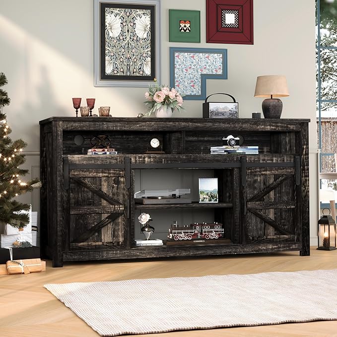 Farmhouse Fireplace TV Stand for TVs up to 70'', Entertainment Center with Storage Cabinet and Shelves, Media Console with Electric Fireplace for Living Room, Dark Rustic Oak