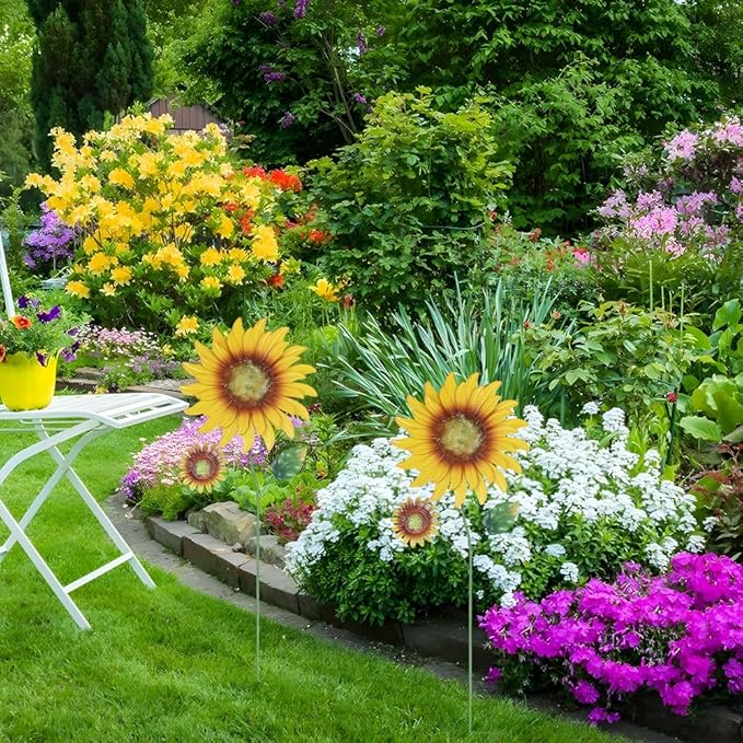 hogardeck Metal Sunflowers Decorative Garden Stakes, 2 Pack 33" Outdoor Garden Decor with Shaking Head Sunflowers Ornament Yard Stakes, Spring Yard Art Fairy Decorations for Patio Lawn