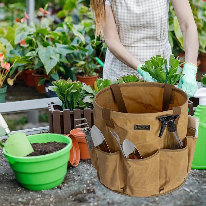 Heavy-Duty 16oz Waxed Canvas Garden Tool Tote with Handle, Wide-Mouth Open Top Design 14 inch Tool Bag | Khaki